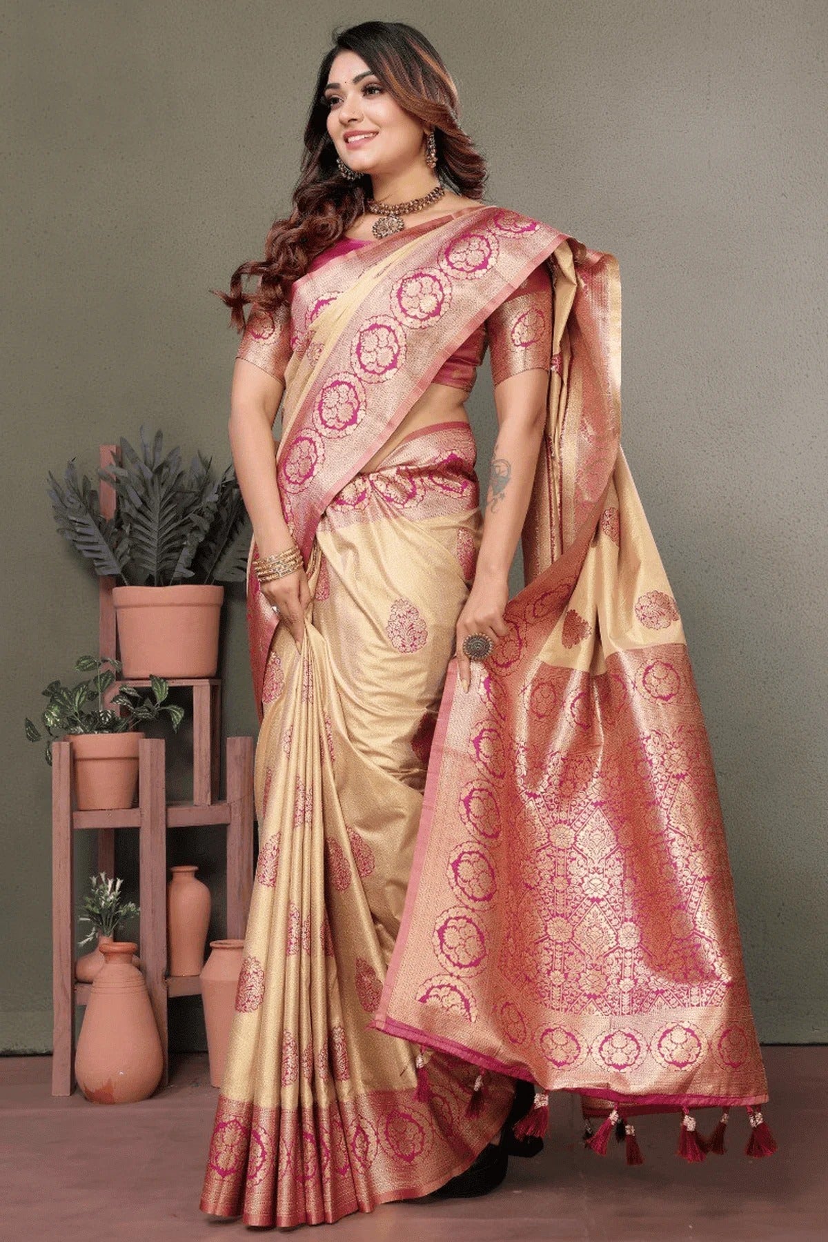 Cream Colour Woven Work Viscose Silk Traditional Saree SD1250264 A