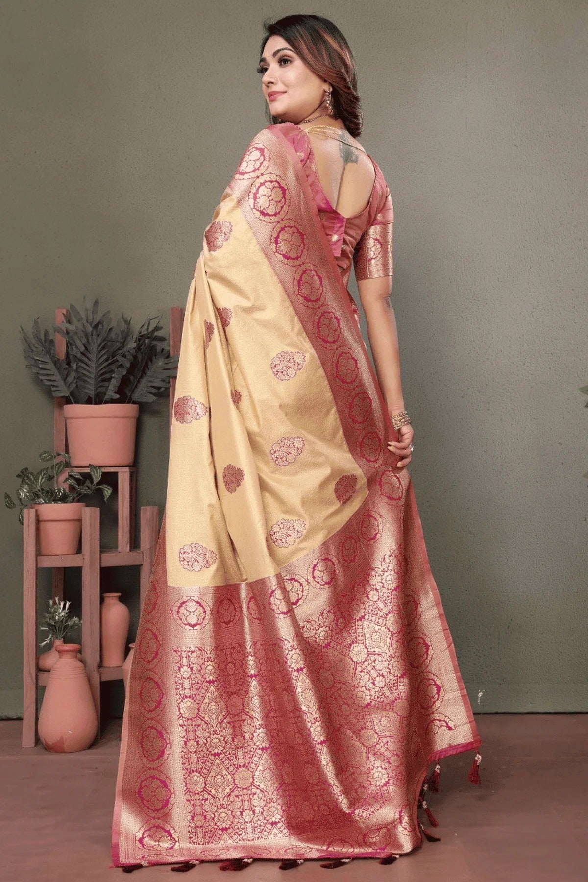 Cream Colour Woven Work Viscose Silk Traditional Saree SD1250264 B