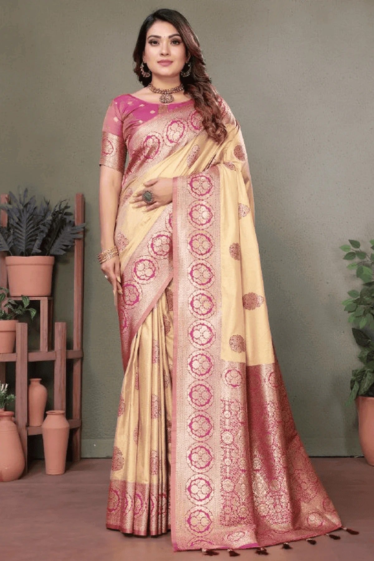 Cream Colour Woven Work Viscose Silk Traditional Saree SD1250264