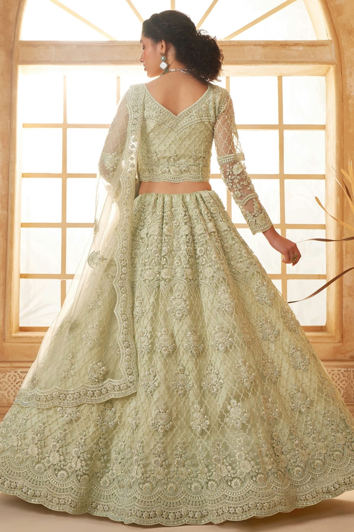Cream Embroidery Net and SilK Lehenga Choli LC1290145 A