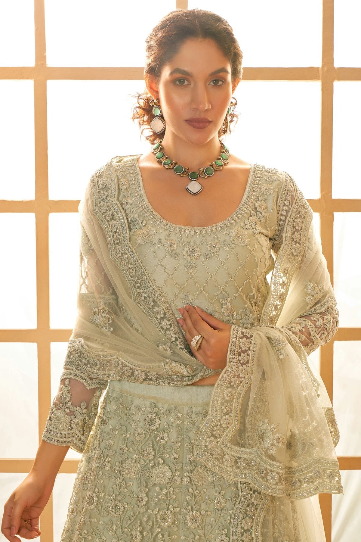 Cream Embroidery Net and SilK Lehenga Choli LC1290145 B