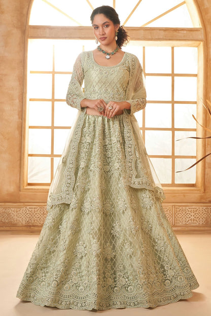 Cream Embroidery Net and SilK Lehenga Choli LC1290145
