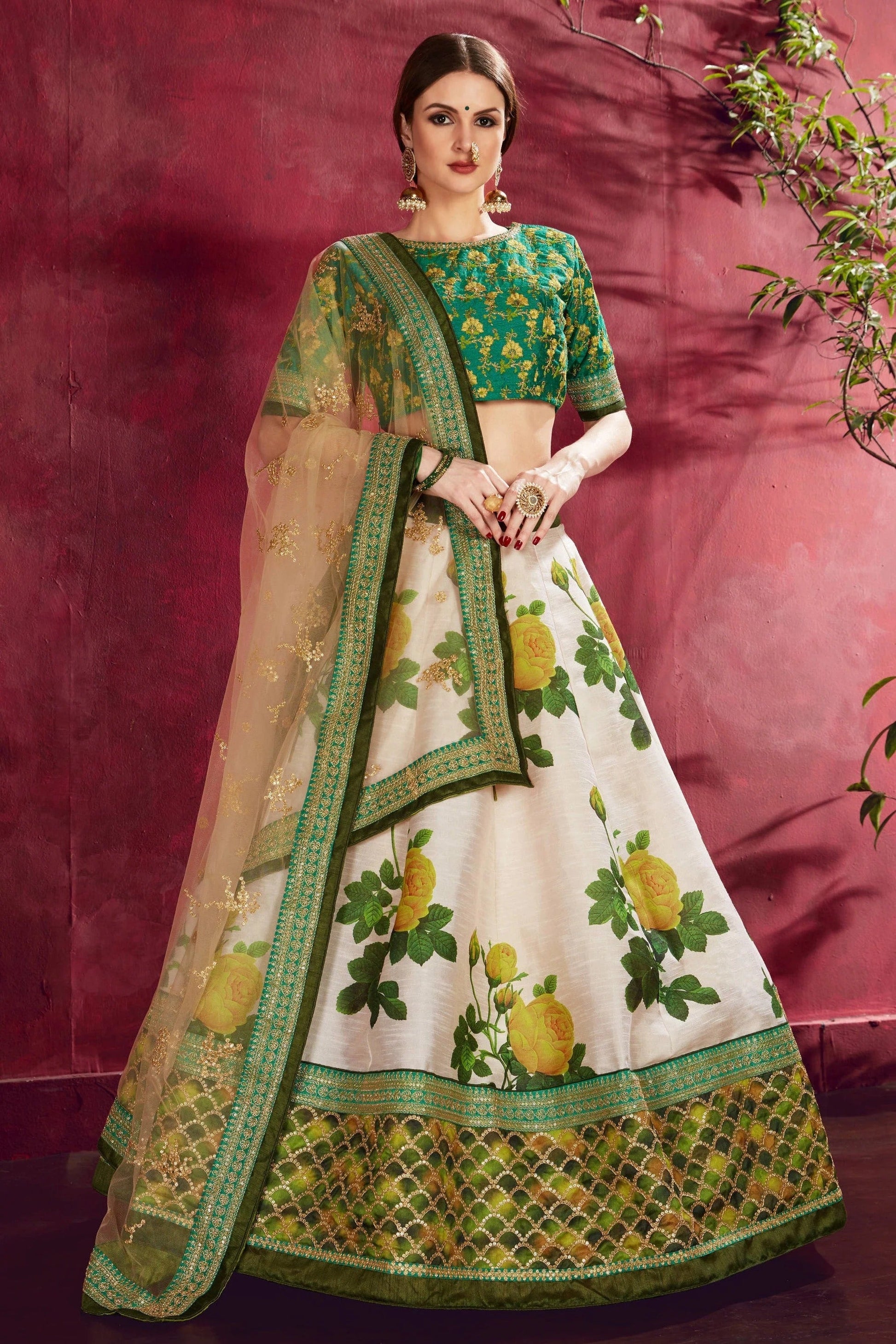 Cream Green Banglori Silk Designer Lehenga Choli LC1010137