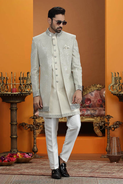 Cream Grey Colour Art Silk Embroidery 3 Pcs Jacket Set