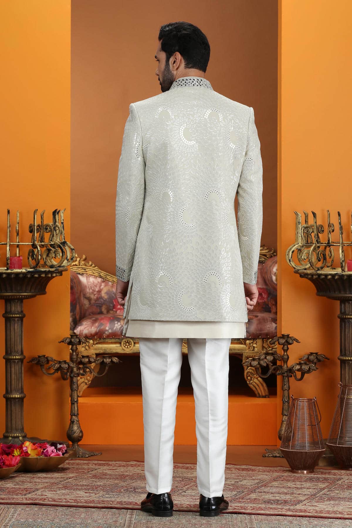 Cream Grey Colour Art Silk Embroidery 3 Pcs Jacket Set