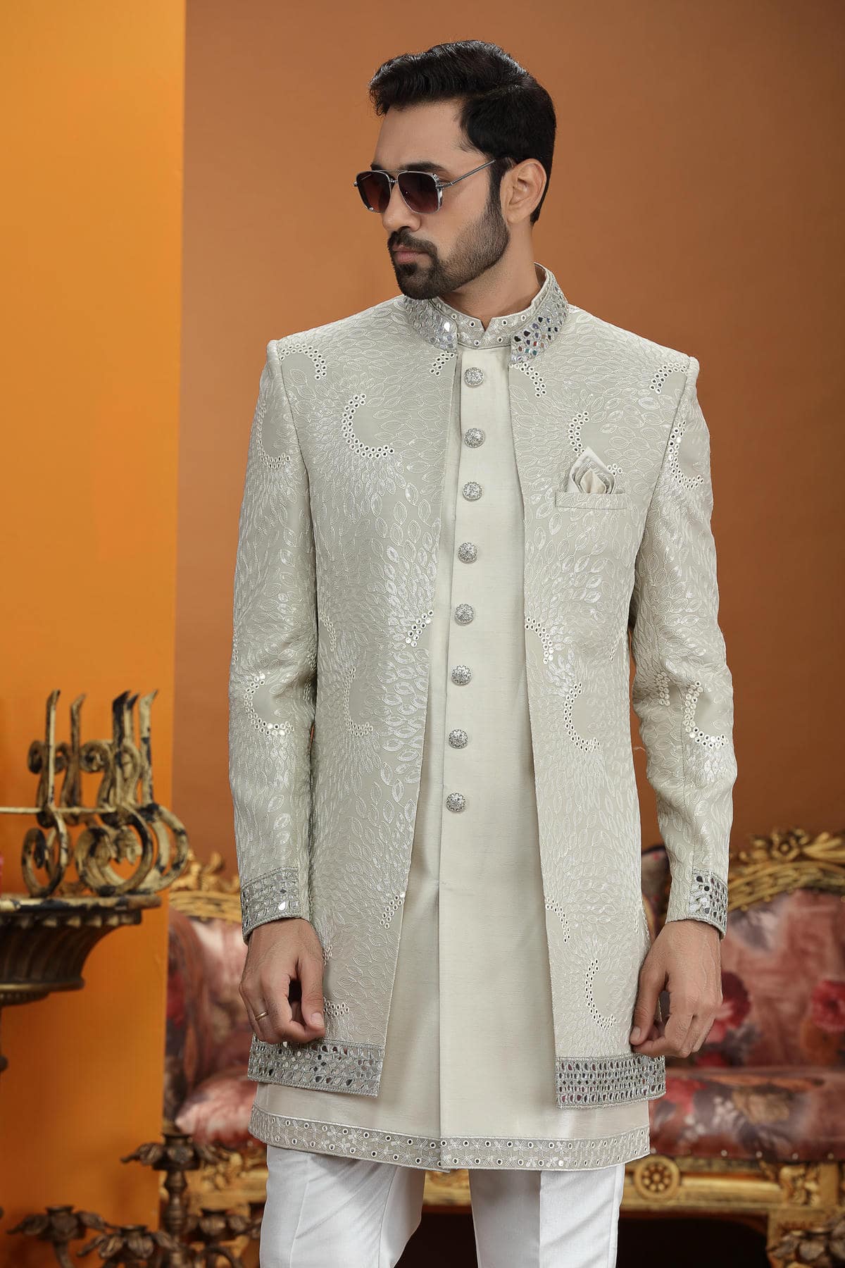 Cream Grey Colour Art Silk Embroidery 3 Pcs Jacket Set