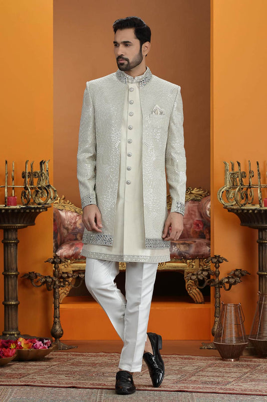 Cream Grey Colour Art Silk Embroidery 3 Pcs Jacket Set
