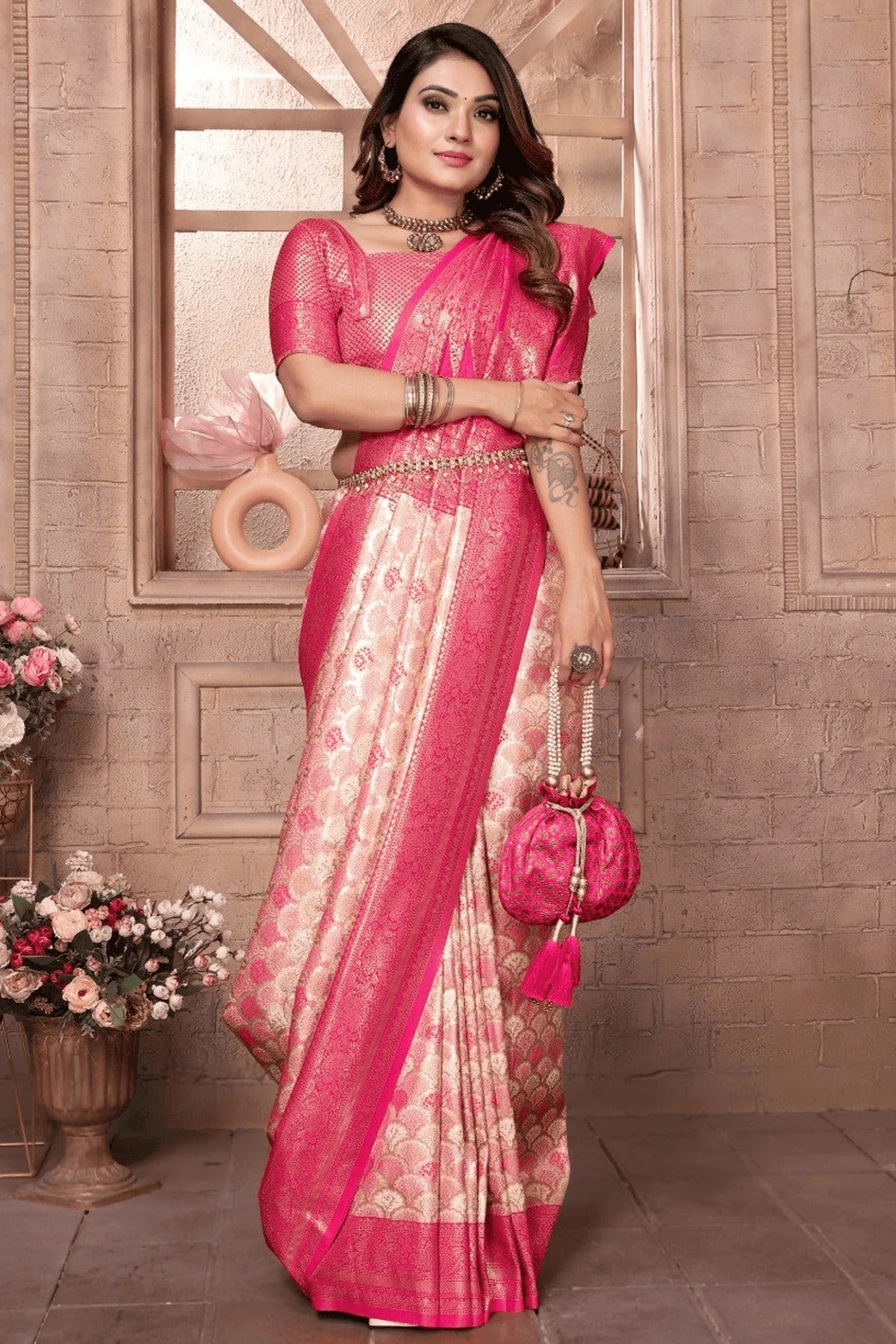 Cream Pink Colour Woven Work Banarasi Silk Traditional Saree SD1250235 A