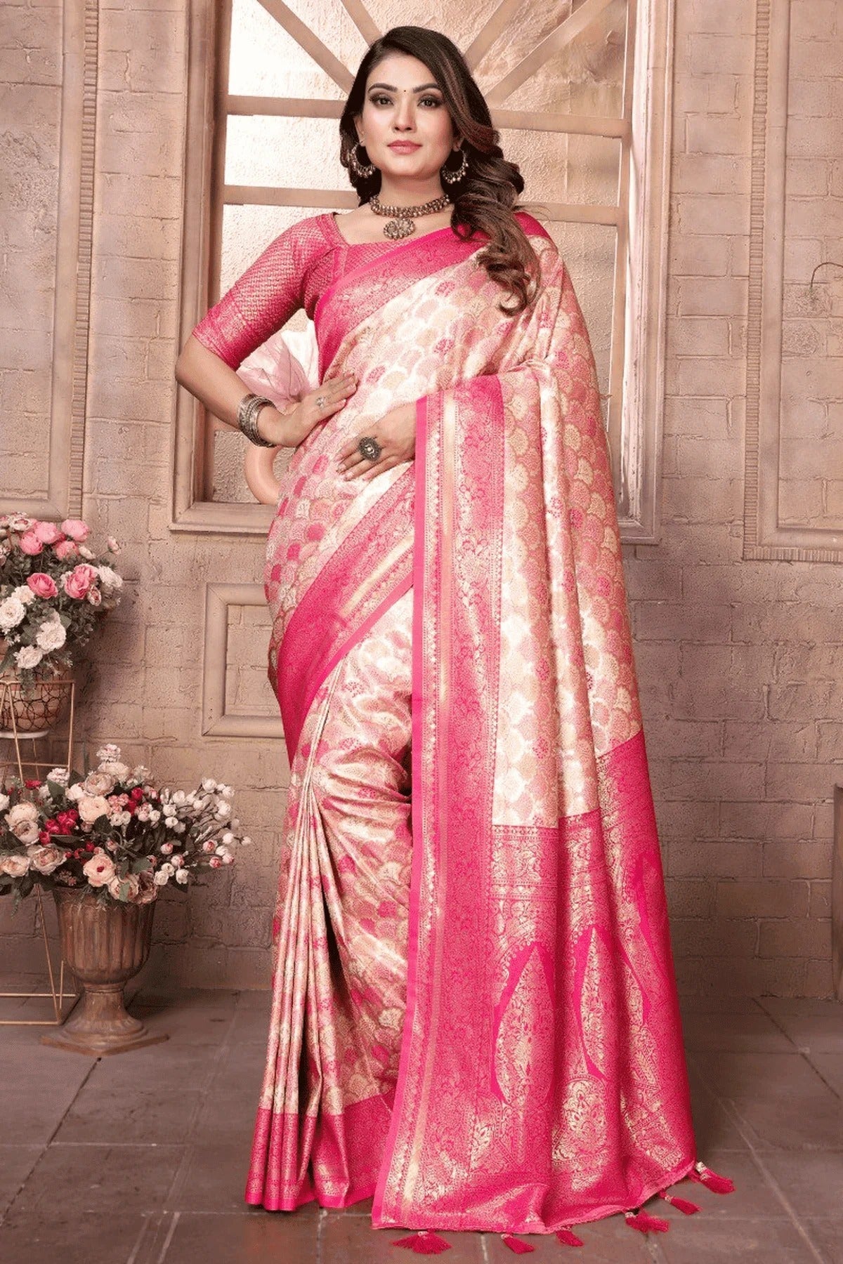 Cream Pink Colour Woven Work Banarasi Silk Traditional Saree SD1250235