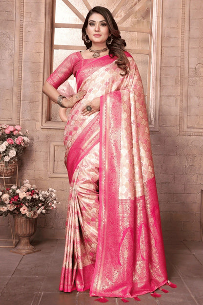 Cream Pink Colour Woven Work Banarasi Silk Traditional Saree SD1250235