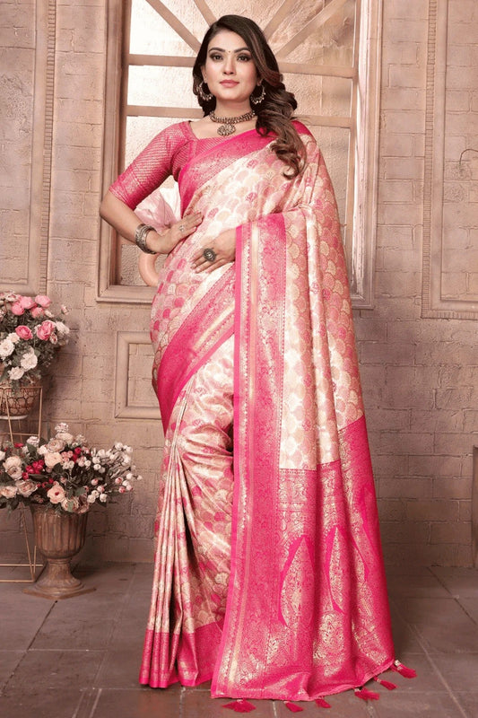 Cream Pink Colour Woven Work Banarasi Silk Traditional Saree SD1250235