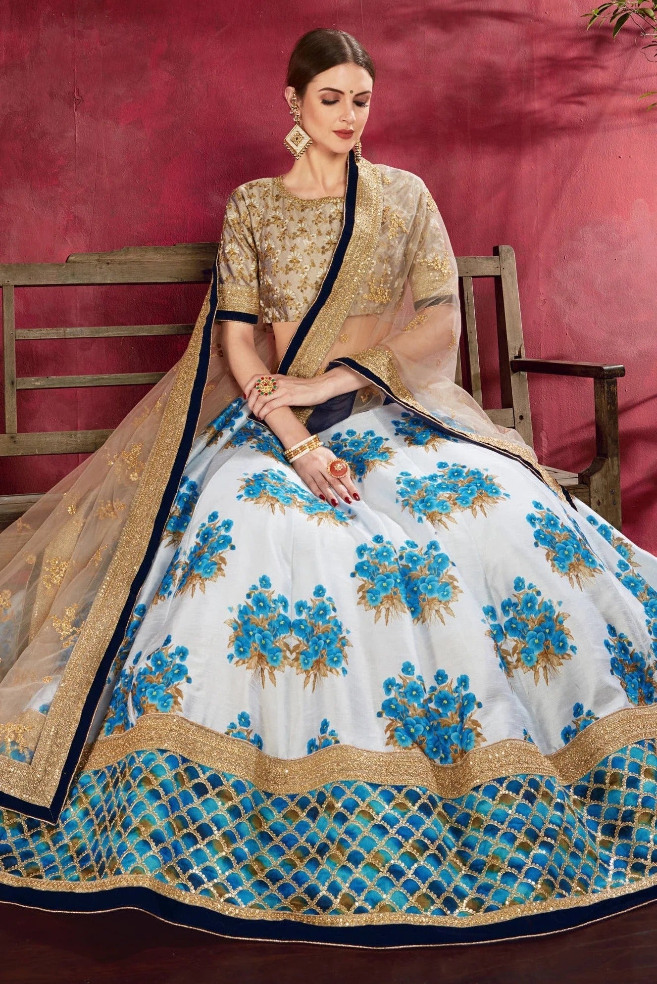 Cream Sky Blue Banglori Silk Designer Lehenga Choli LC1010138 A