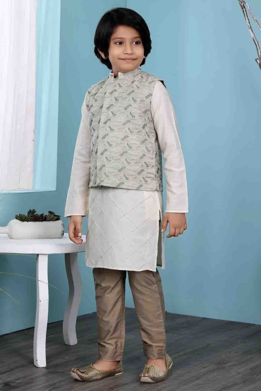 Cream and Beige Colour Cotton Silk Kurta Pajama With Jacket BW1070115 A
