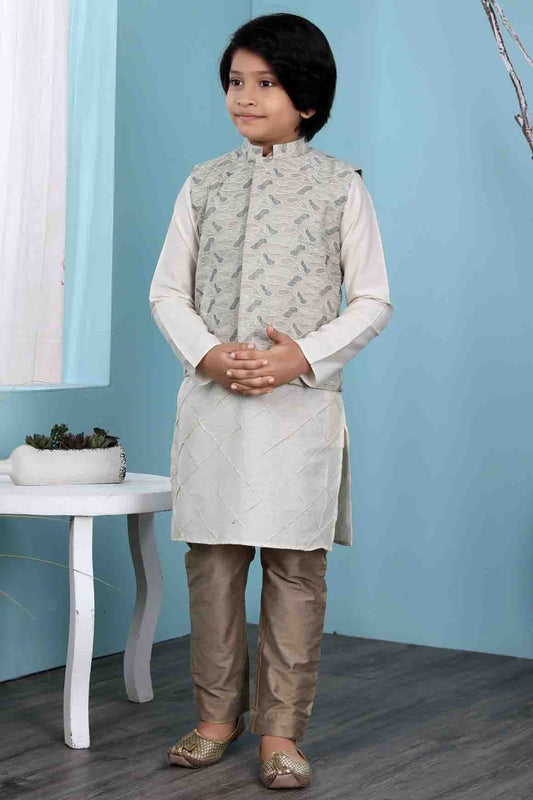 Cream and Beige Colour Cotton Silk Kurta Pajama With Jacket BW1070115