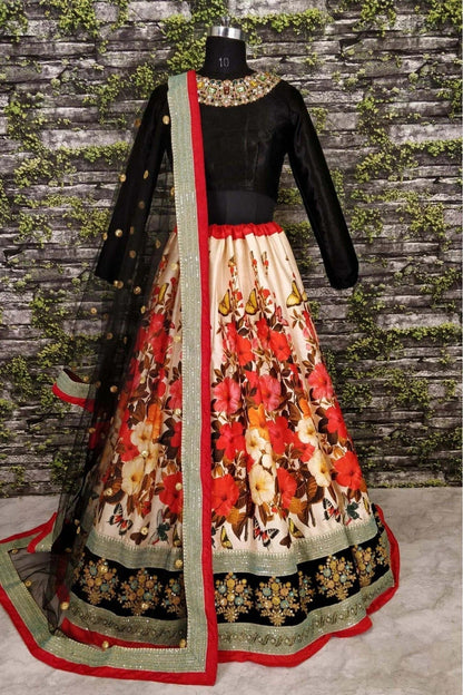 Cream and Black Colour Art Silk Lehenga Choli LC1010006 A