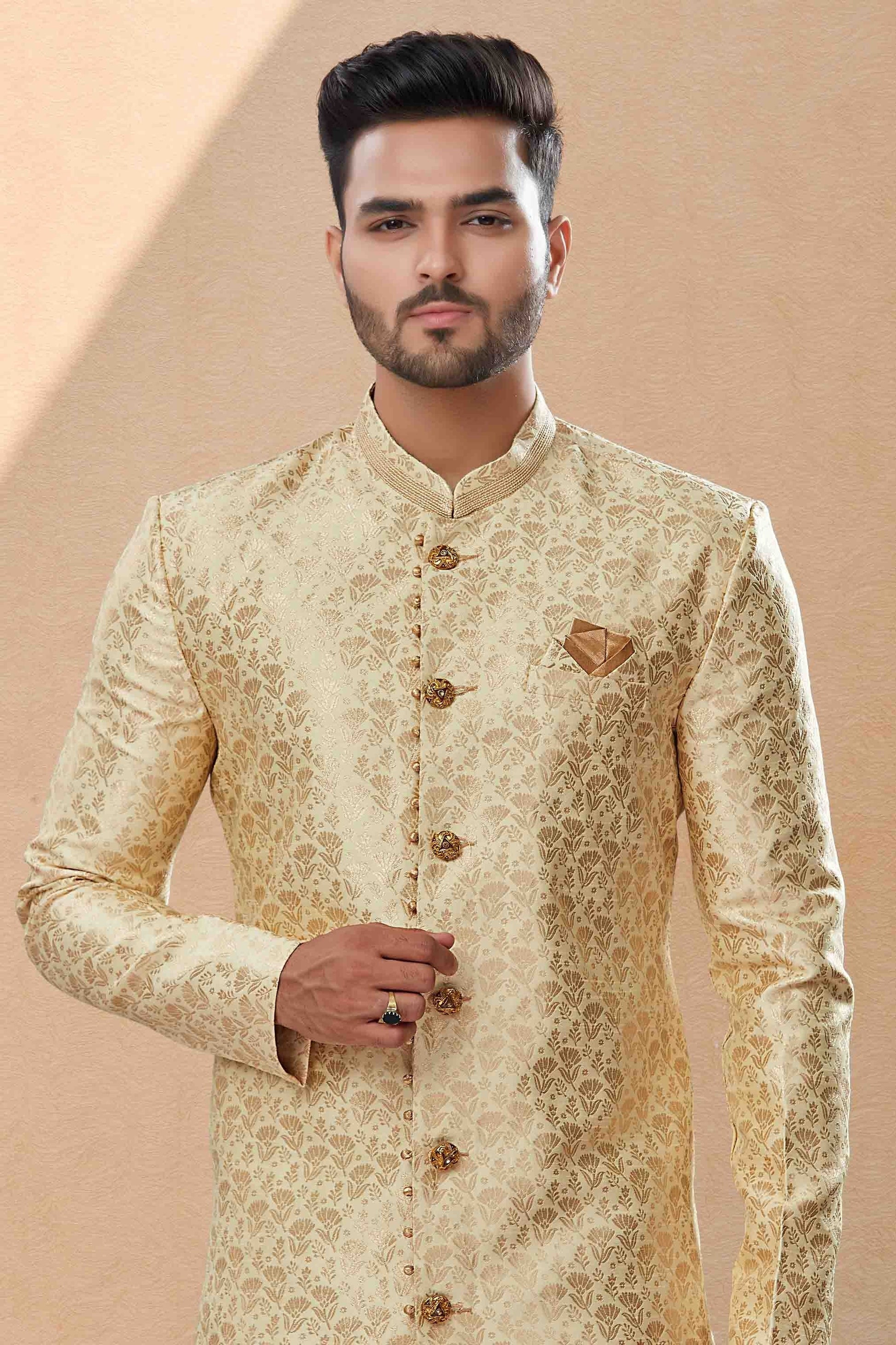 Cream and Gold Colour Dhoti Sherwani In Banarasi Jacquard Fabric SH1040406 A