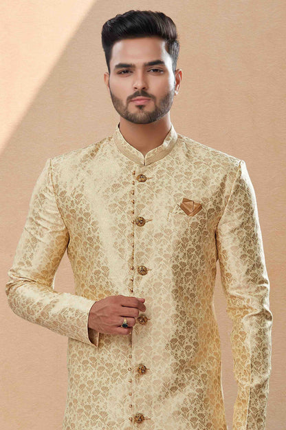 Cream and Gold Colour Dhoti Sherwani In Banarasi Jacquard Fabric SH1040406 A