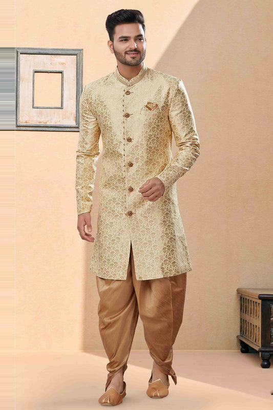 Cream and Gold Colour Dhoti Sherwani In Banarasi Jacquard Fabric SH1040406