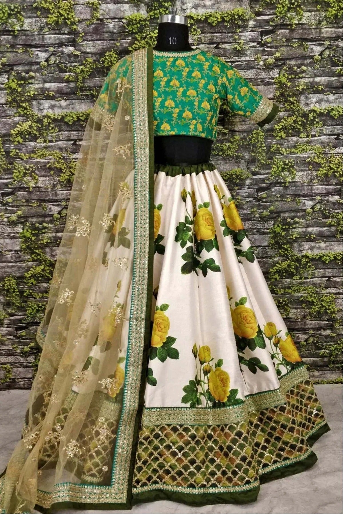 Cream and Green Colour Art Silk and Banglori Silk Lehenga Choli LC1010003 A