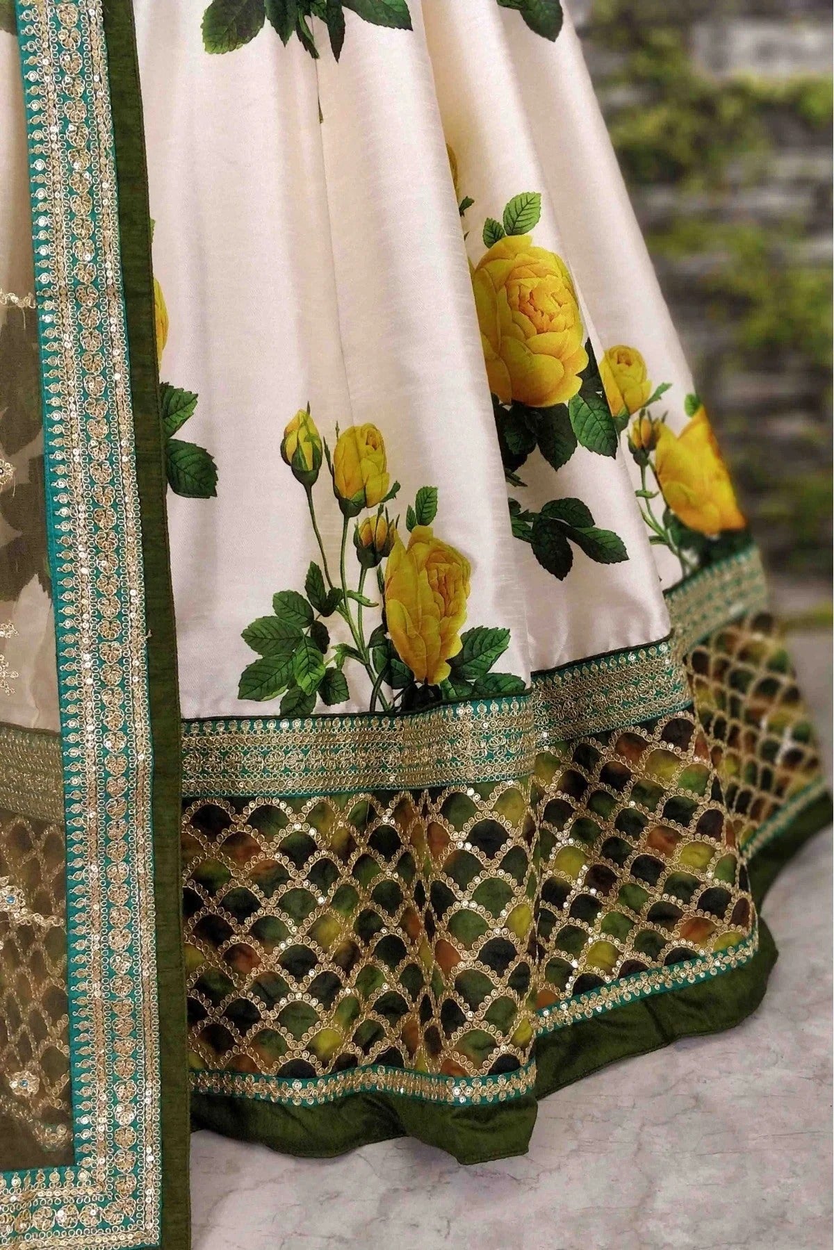Cream and Green Colour Art Silk and Banglori Silk Lehenga Choli LC1010003 B