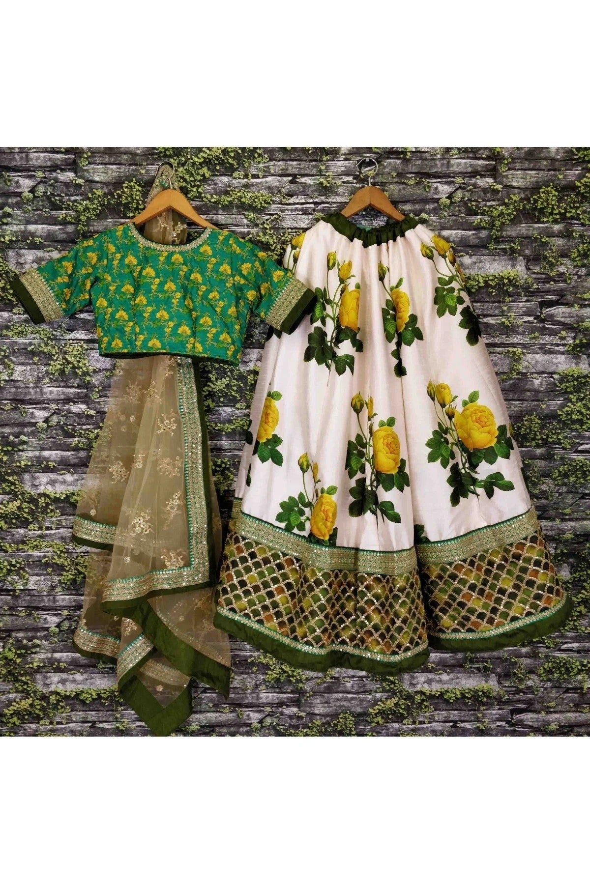 Cream and Green Colour Art Silk and Banglori Silk Lehenga Choli LC1010003 D