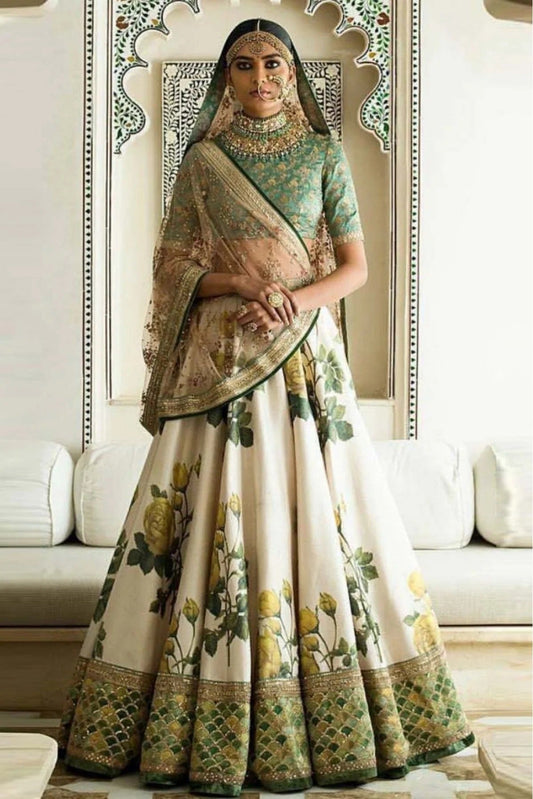 Cream and Green Colour Art Silk and Banglori Silk Lehenga Choli LC1010003