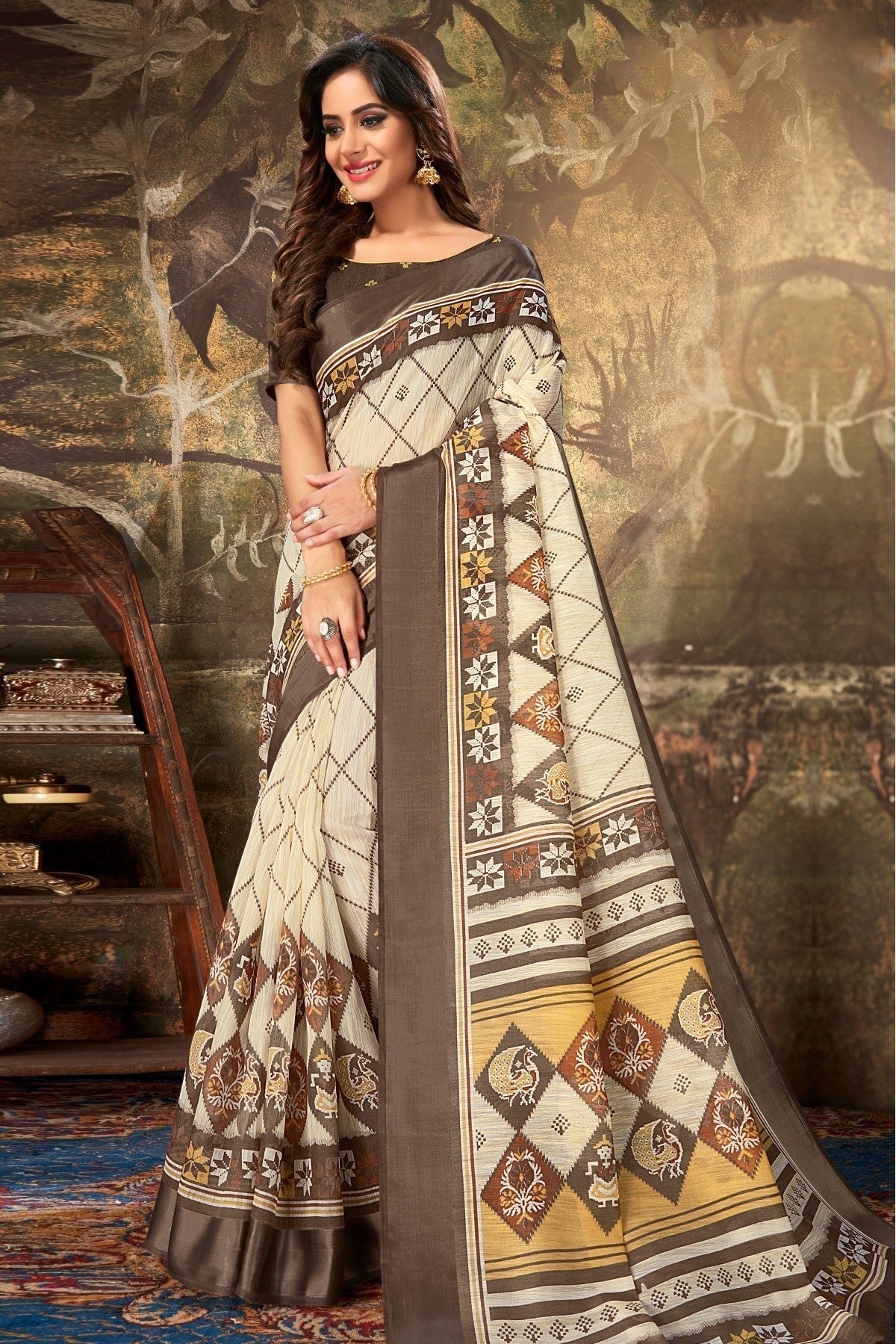 Cream and Grey Colour Cotton Printed Saree SD1100769