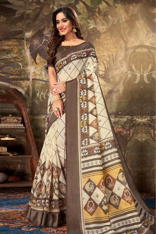 Cream and Grey Colour Cotton Printed Saree SD1100769