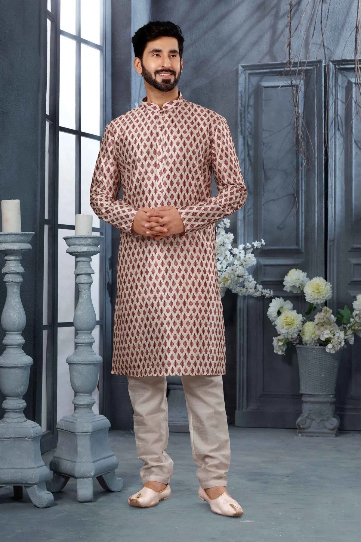 Cream and Maroon Colour Kurta Pajama In Silk Fabric KP1040134