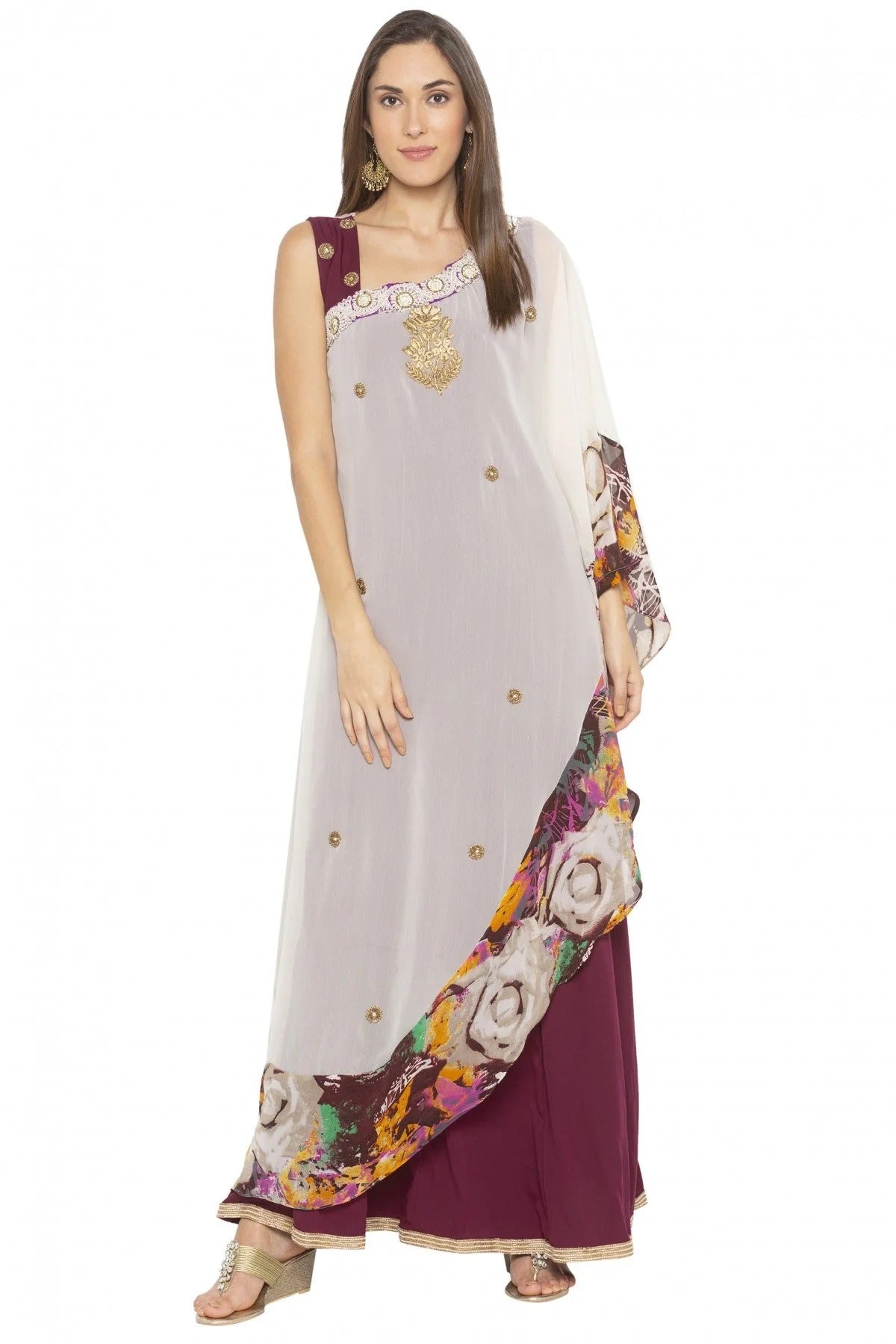 Cream and Maroon Colour Plus Size Georgette Embroidery Kurti KR1070390