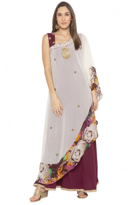 Cream and Maroon Colour Plus Size Georgette Embroidery Kurti KR1070390