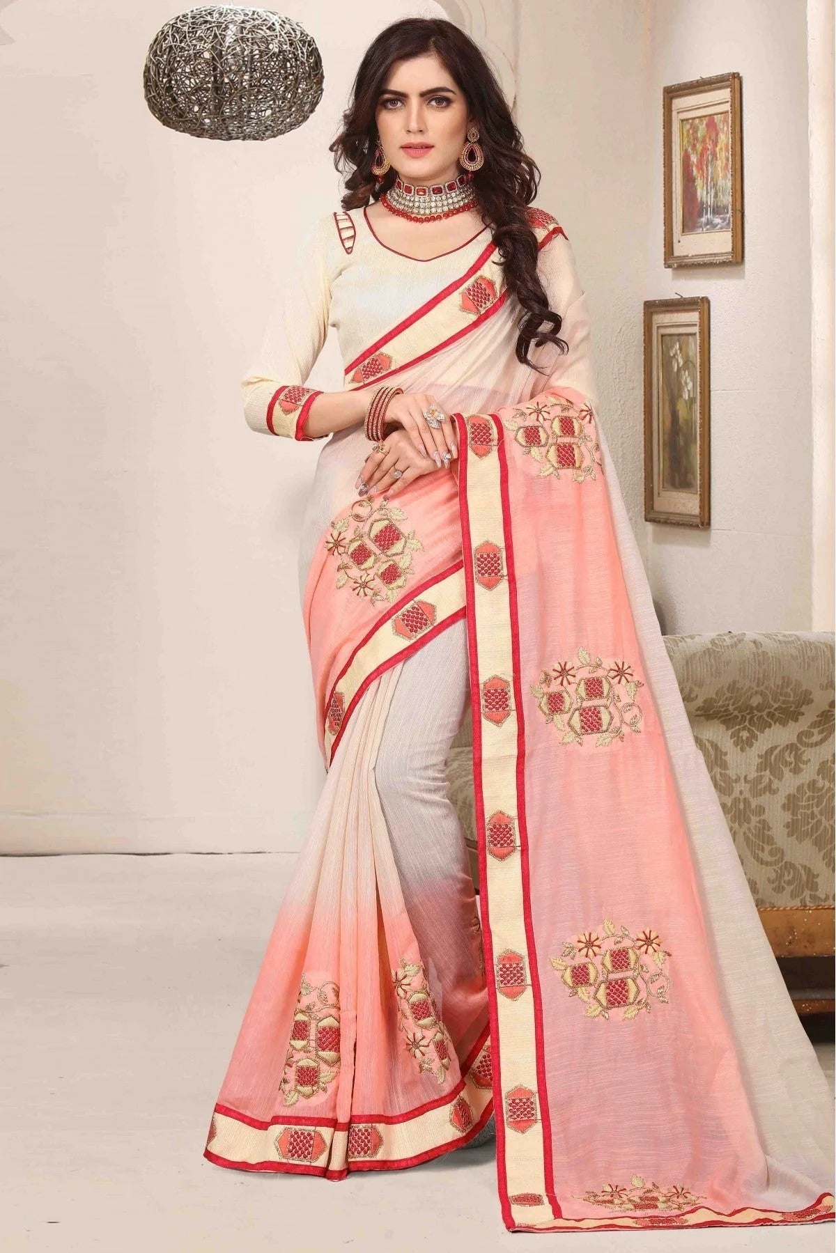 Cream and Pink Colour Cotton Silk Designer Saree SD1120470