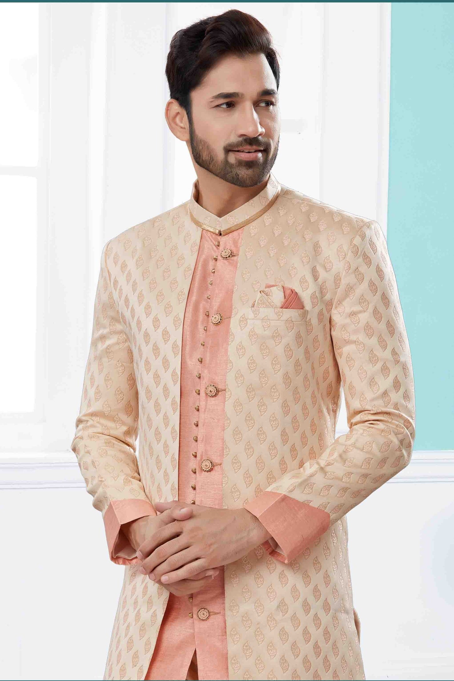 Cream and Pink Colour Indo Western In Banarasi Jacquard Fabric SH1040425 A