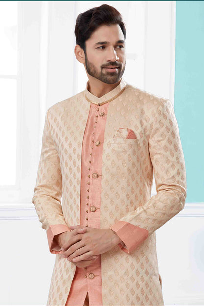 Cream and Pink Colour Indo Western In Banarasi Jacquard Fabric SH1040425 A