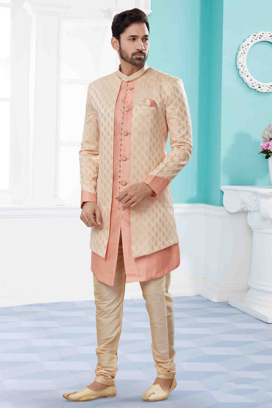 Cream and Pink Colour Indo Western In Banarasi Jacquard Fabric SH1040425