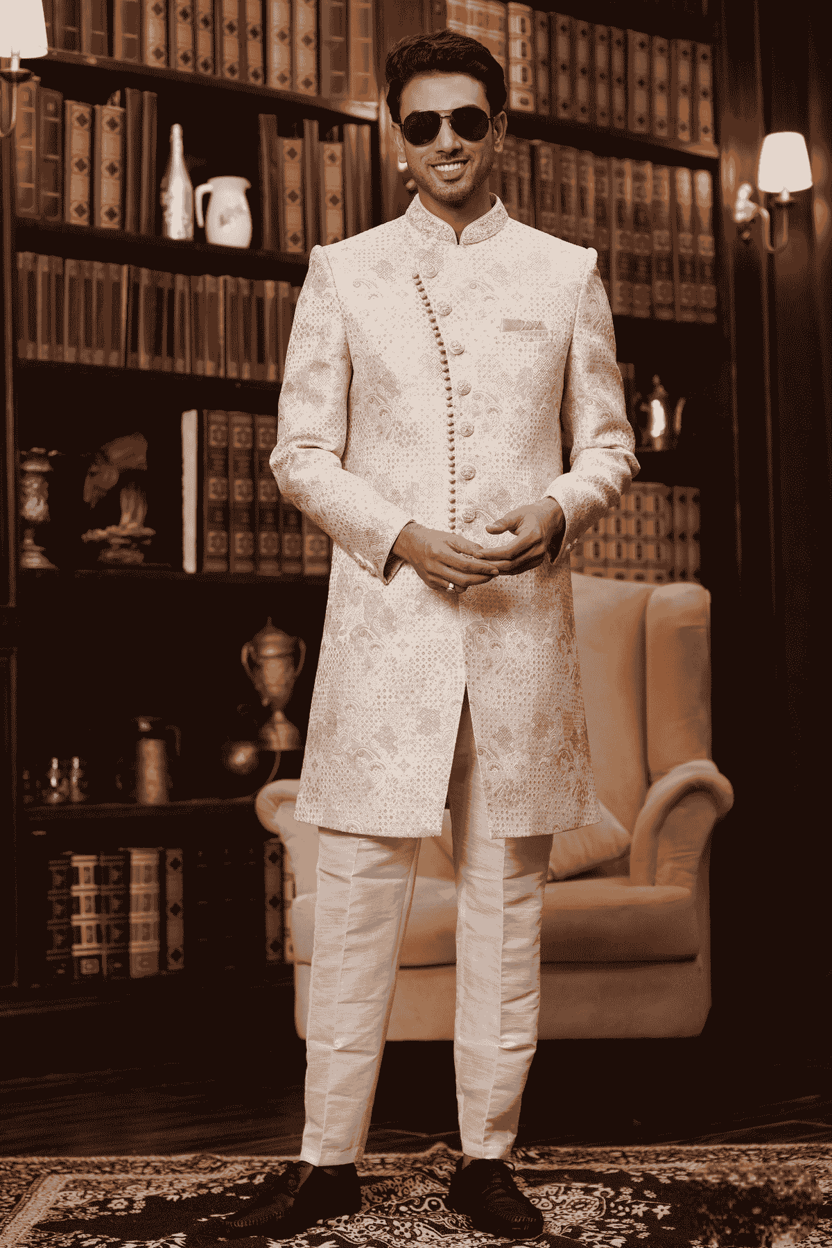 Cream and Pink Colour Jacquard Silk Embroidery Work Indo Western