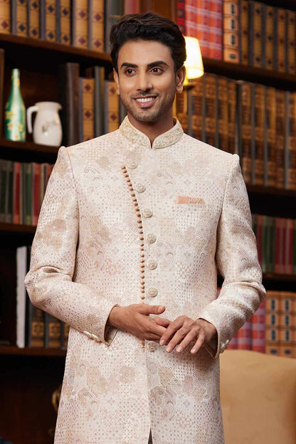 Cream and Pink Colour Jacquard Silk Embroidery Work Indo Western