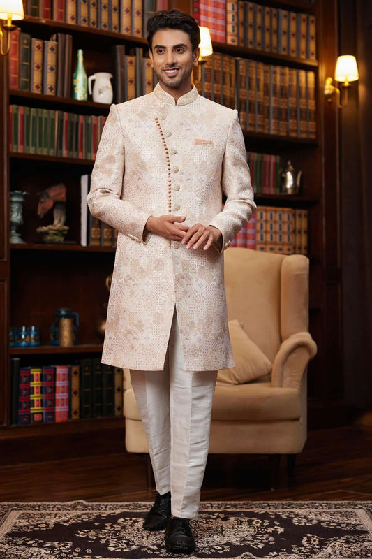 Cream and Pink Colour Jacquard Silk Embroidery Work Indo Western