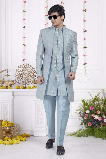 Cyan Art Silk Embroidery Work 3 Pcs Jacket Set