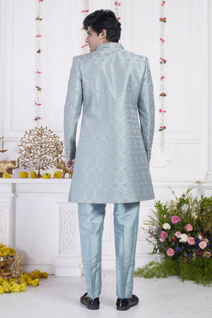 Cyan Art Silk Embroidery Work 3 Pcs Jacket Set