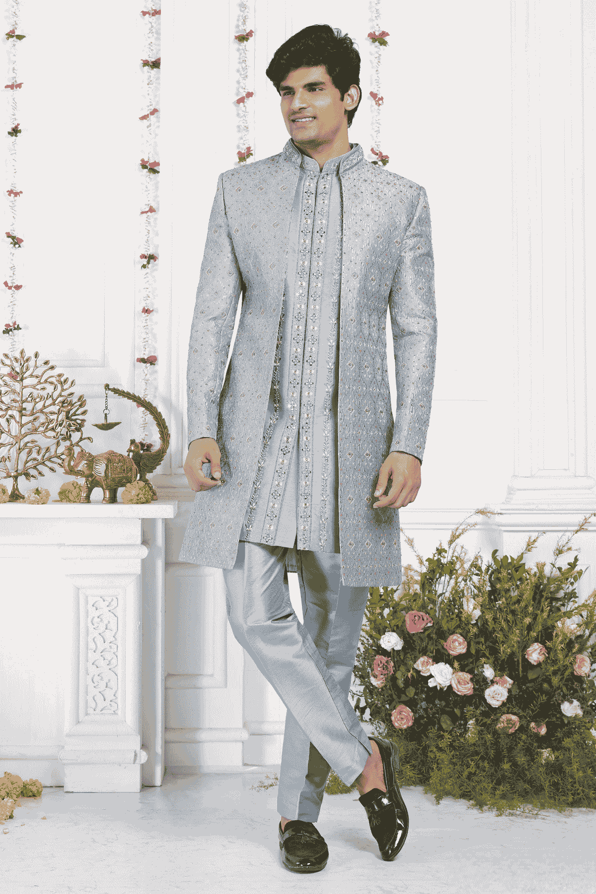 Cyan Art Silk Embroidery Work 3 Pcs Jacket Set