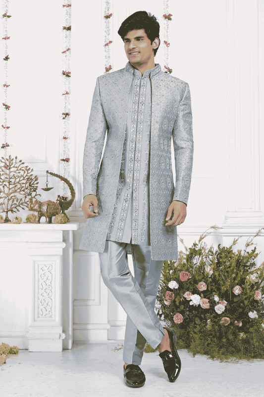 Cyan Art Silk Embroidery Work 3 Pcs Jacket Set