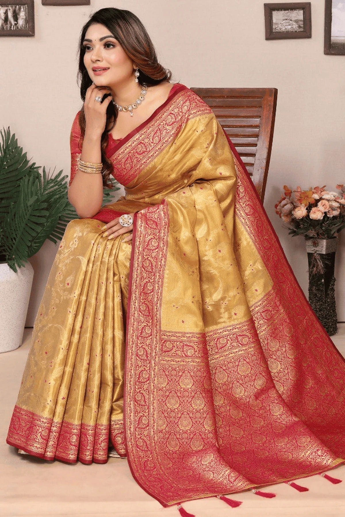 Dark Beige Colour Woven Work Pure Banarasi Tissue Silk Traditional Saree SD1250256 A