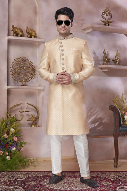 Dark Gold Colour Jacquard Banarasi Silk Embroidery Work Sherwani