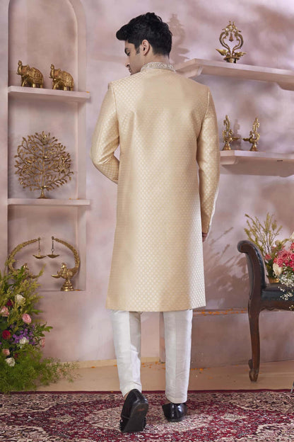 Dark Gold Colour Jacquard Banarasi Silk Embroidery Work Sherwani