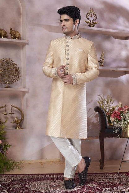 Dark Gold Colour Jacquard Banarasi Silk Embroidery Work Sherwani