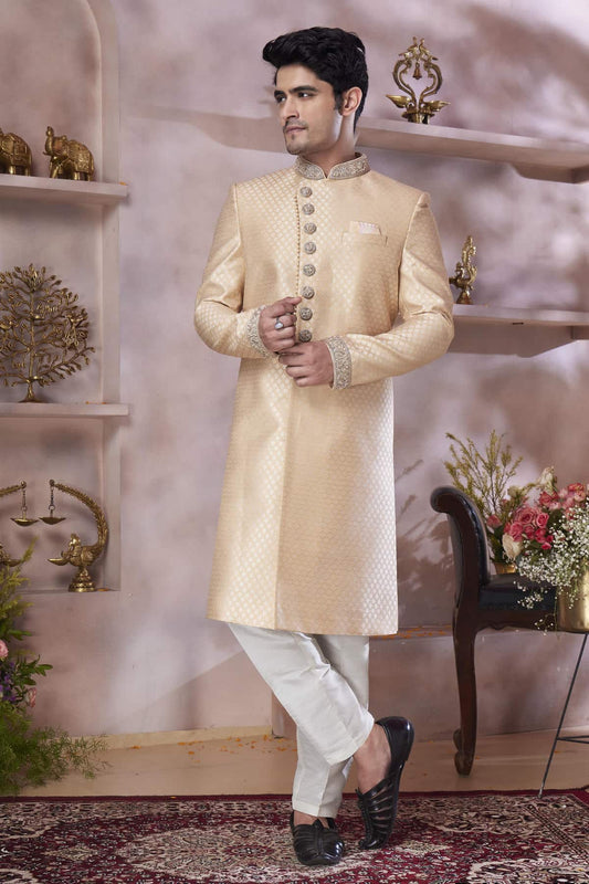 Dark Gold Colour Jacquard Banarasi Silk Embroidery Work Sherwani
