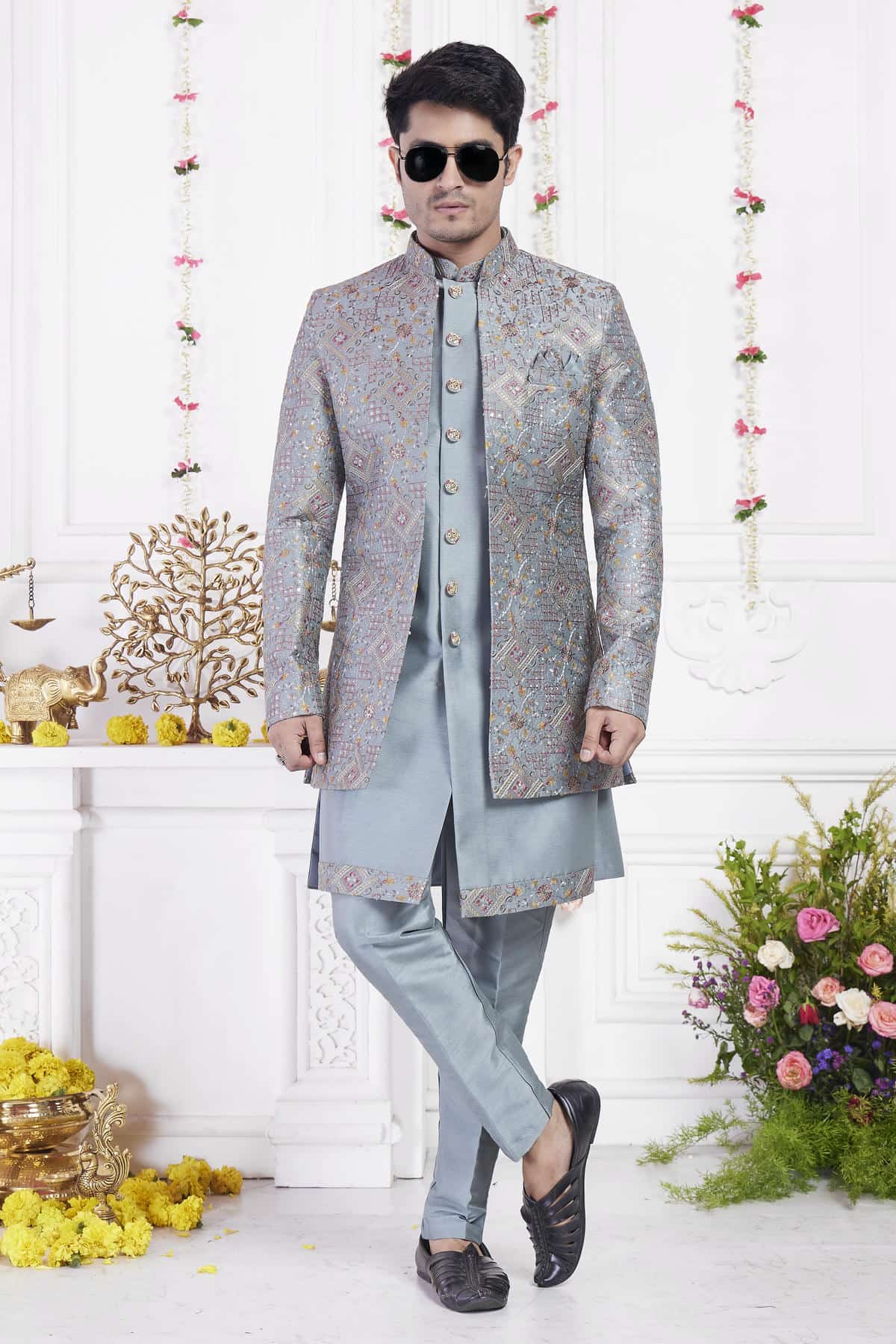 Dark Grayish Blue Art Silk Embroidery Work 3 Pcs Jacket Set