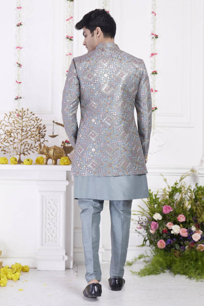 Dark Grayish Blue Art Silk Embroidery Work 3 Pcs Jacket Set