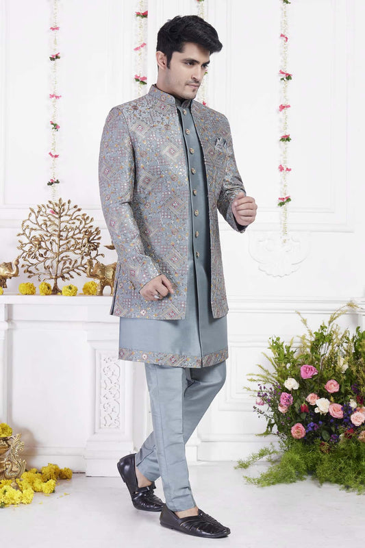 Dark Grayish Blue Art Silk Embroidery Work 3 Pcs Jacket Set